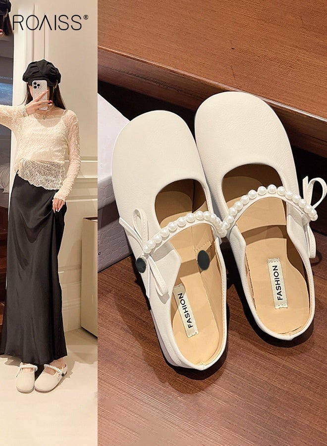 roaiss Women's Flat Shoes Versatile Professional Shoes for All-Day Comfort with Breathable Materials, Wear-Resistant Low-Heel, Low-Cut Profile Daily Commute Work Pearl Bow Round-Toe Slip-On Shoes, Apricot - Image 1